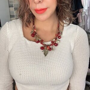 Cherry Red and Gold Leaf Necklace